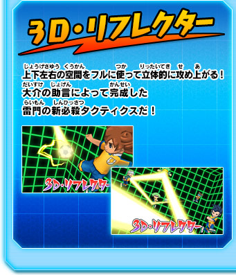 ３Ｄ・リフレクター上下左右の空間をフルに使って立体的に攻め上がる！大介の助言によって完成した雷門の新必殺タクティクスだ！