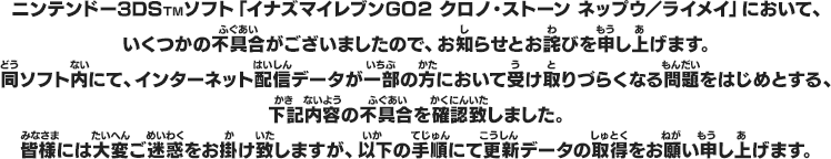 ニンテンドー3DSTMソフト「イナズマイレブンGO2 クロノ・ストーン ネップウ／ライメイ」において、いくつかの不具合がございましたので、お知らせとお詫びを申し上げます。同ソフト内にて、インターネット配信データが一部の方において受け取りづらくなる問題をはじめとする、下記内容の不具合を確認致しました。皆様には大変ご迷惑をお掛け致しますが、以下の手順にて更新データの取得をお願い申し上げます。