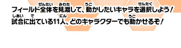 フィールド全体を見渡して、動かしたいキャラを選択しよう！試合に出ている11人、どのキャラクターでも動かせるぞ！