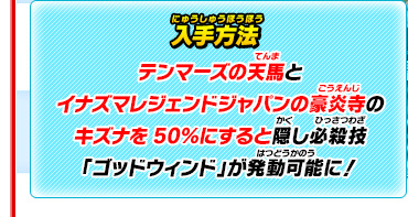 入手方法 テンマーズの天馬とイナズマレジェンドジャパンの豪炎寺のキズナを50％にすると隠し必殺技「ゴッドウィンド」が発動可能に！