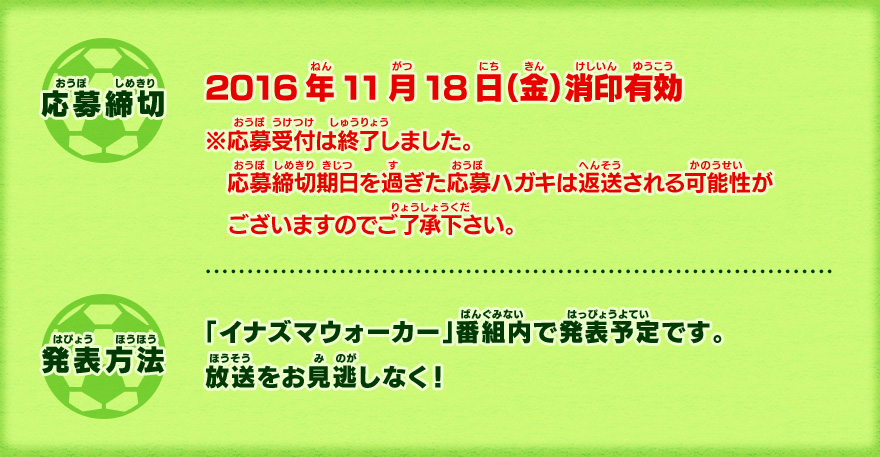 【応募締切】2016年11月18日（金）消印有効【発表方法】「イナズマウォーカー」番組内で発表予定です。放送をお見逃しなく！