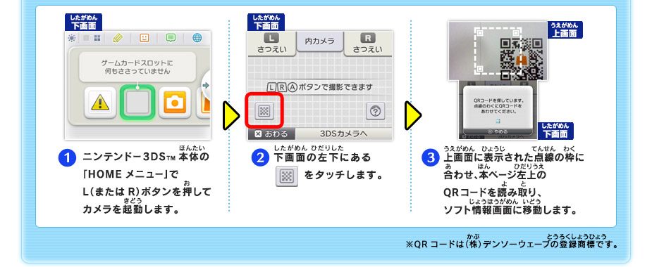 １/ニンテンドー3DSTM本体の「HOMEメニュー」でL（またはR）ボタンを押してカメラを起動します。　２/下画面の左下にあるボタンをタッチします。　３/上画面に表示された点線の枠に合わせ、本ページ左上のQRコードを読み取り、ソフト情報画面に移動します。　※QRコードは（株）デンソーウェーブの登録商標です。