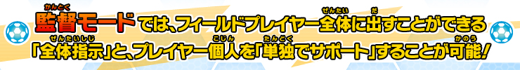 監督モードでは、フィールドプレイヤー全体に出すことができる「全体指示」と、プレイヤー個人を「単独でサポート」することが可能！