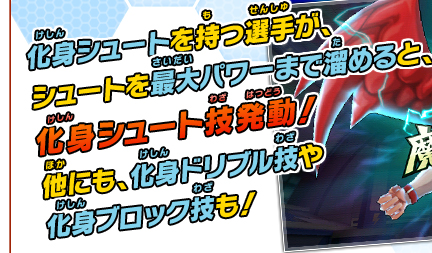 化身シュートを持つ選手が、シュートを最大パワーまで溜めると、化身シュート技が発動！他にも、化身ドリブル技や化身ブロック技も！