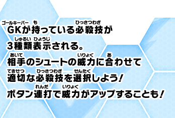 GKが持っている必殺技が3種類表示される。相手のシュートの威力に合わせて適切な必殺技を選択しよう！ボタン連打で威力がアップすることも！