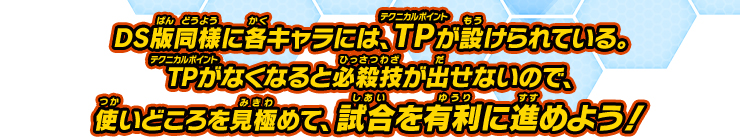 DS版同様に各キャラには、TPが設けられている。TPがなくなると必殺技が出せないので、使いどころを見極めて、試合を有利に進めよう！