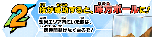 技が成功すると、相手ボールに！　効果エリア内にいた敵は、一定時間動けなくなるぞ！