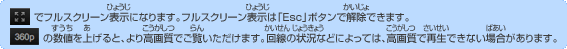 でフルスクリーン表示になります。フルスクリーン表示は「Esc」ボタンで解除できます。の数値を上げると、より高画質でご覧いただけます。回線の状況などによっては、高画質で再生できない場合があります。