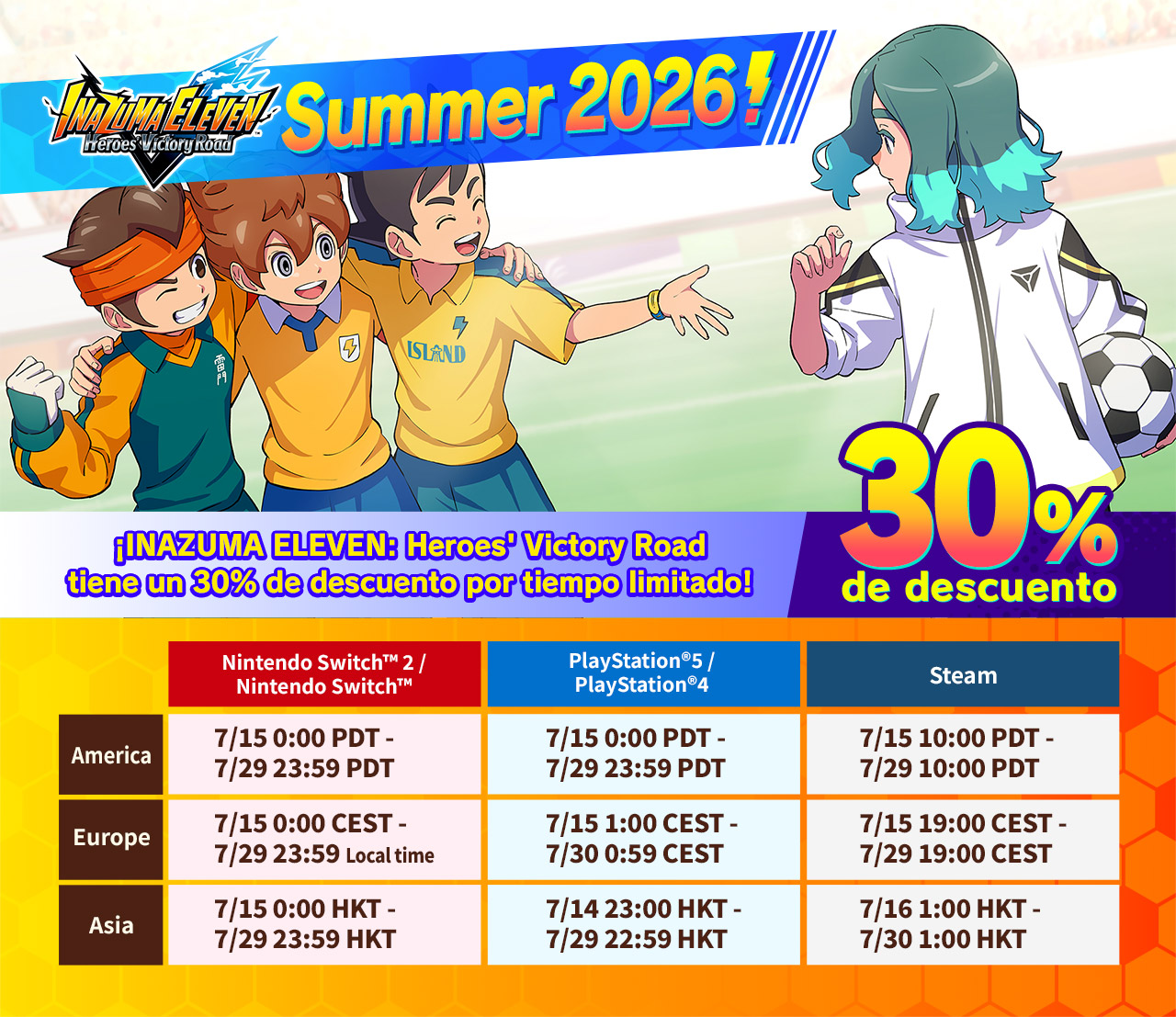 ¡INAZUMA ELEVEN: Heroes' Victory Road tiene un 30% de descuento por tiempo limitado!