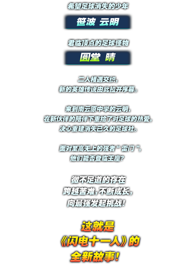 希望足球消失的少年 笹波 云明／君临顶点的足球怪物 圆堂 晴／二人相遇交织，新的英雄传说由此拉开序幕。／来到南云原中学的云明，在新伙伴的陪伴下重拾了对足球的热爱，决心重建消失已久的足球社。／面对至高无上的强者“雷门”，他们能否登临王座？／微不足道的存在 跨越苦难，不断成长，向最强发起挑战！／这就是《闪电十一人》的全新故事！